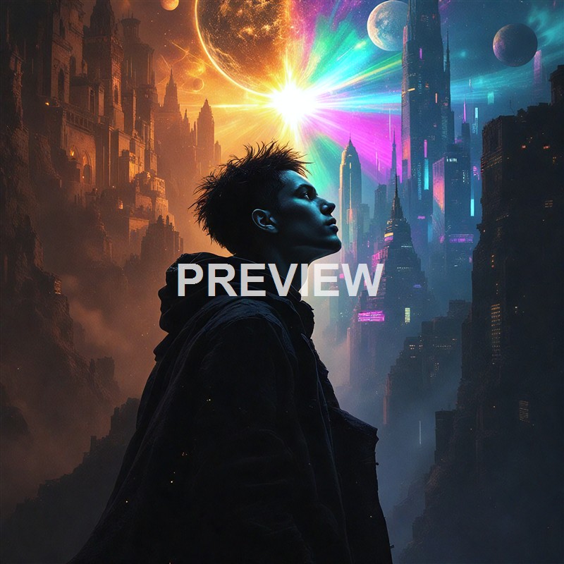 A person with spiked hair and a dark jacket stands in a futuristic cityscape with towering skyscrapers, vibrant neon lights, and planets in the sky, illuminated by a bright, colorful explosion or light source.